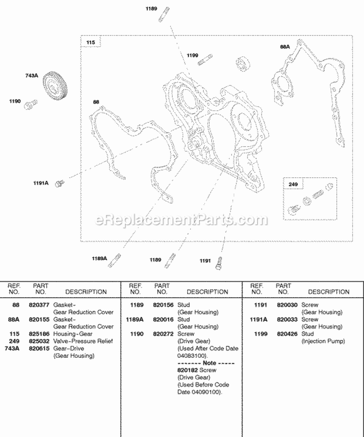 Gear Housing Diagram and Parts List for 522447-0105-E2  Briggs and Stratton Engine